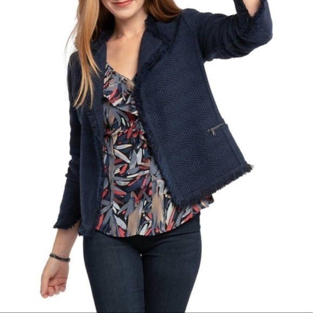 NIC+ZOE Easy Blues Textured Two Tone Fringe Lightweight Moto Blazer Jacket NWT